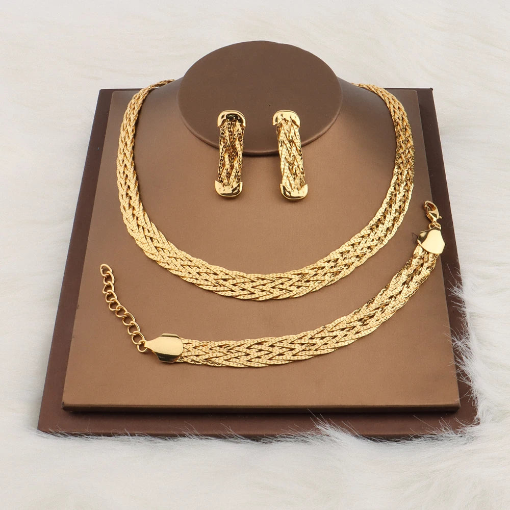 Gold Color Hollow Earrings Necklace Set Fashion Women Dubai Africa Luxury Punk Jewellery Choker Necklace Wholesale Accessaries