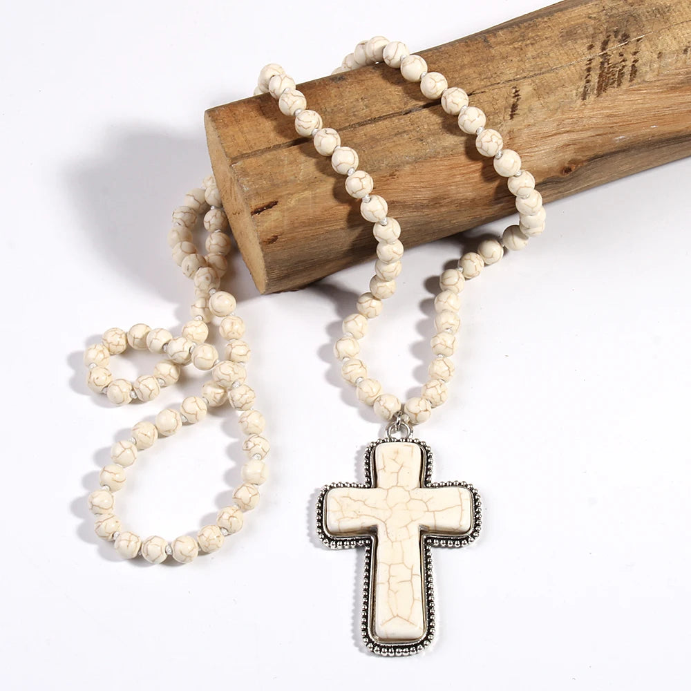 Fashion Bohemian western Jewelry 8mm Stone Knotted Cross Pendant Necklace For Women Festival Gift