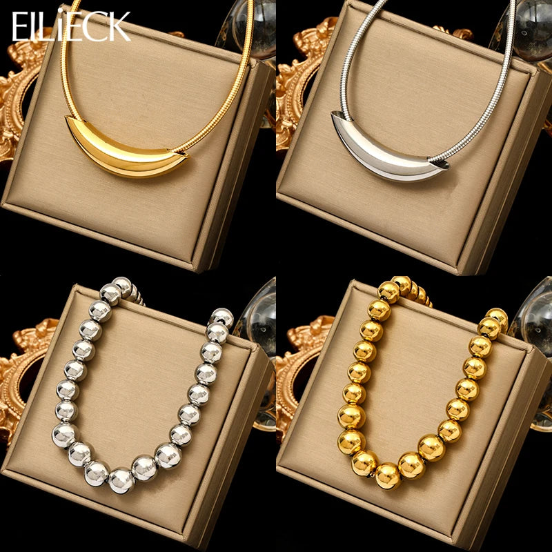 EILIECK 316L Stainless Steel Solid Bead Balls Choker Necklace For Women Fashion Exaggerated Beaded Chain Waterproof Jewelry Gift
