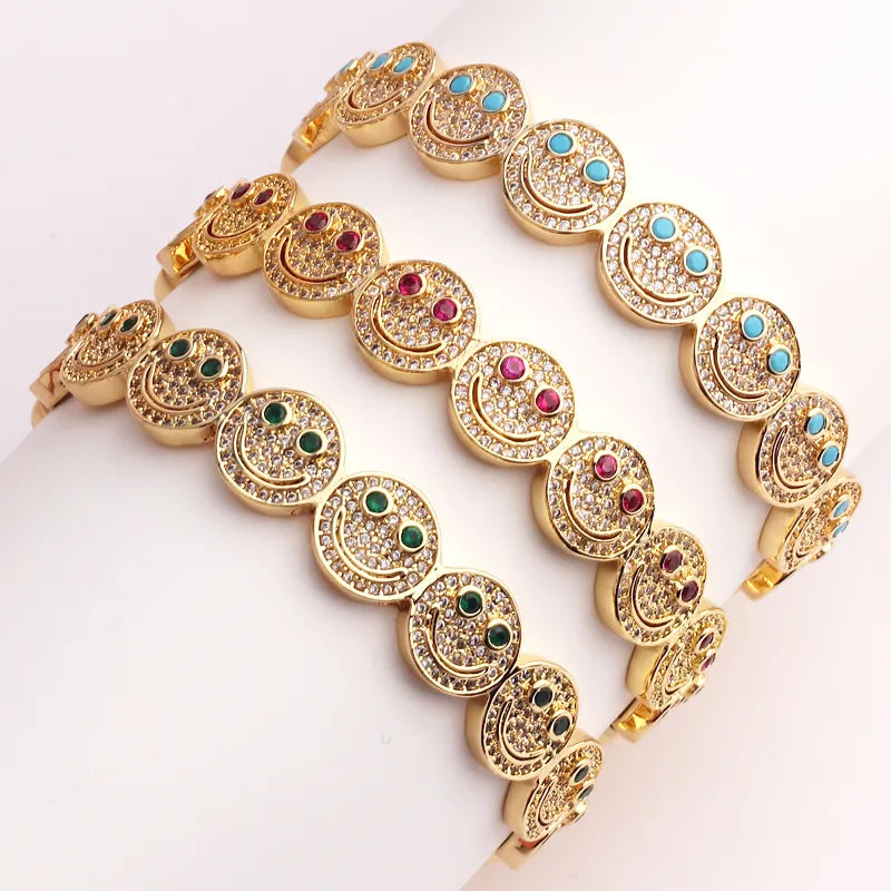 New Simple Smile Smiley Bracelet Copper Gold Plated Cubic Zirconia Round Smile Cuff Bracelet Women's Classic Party Gift