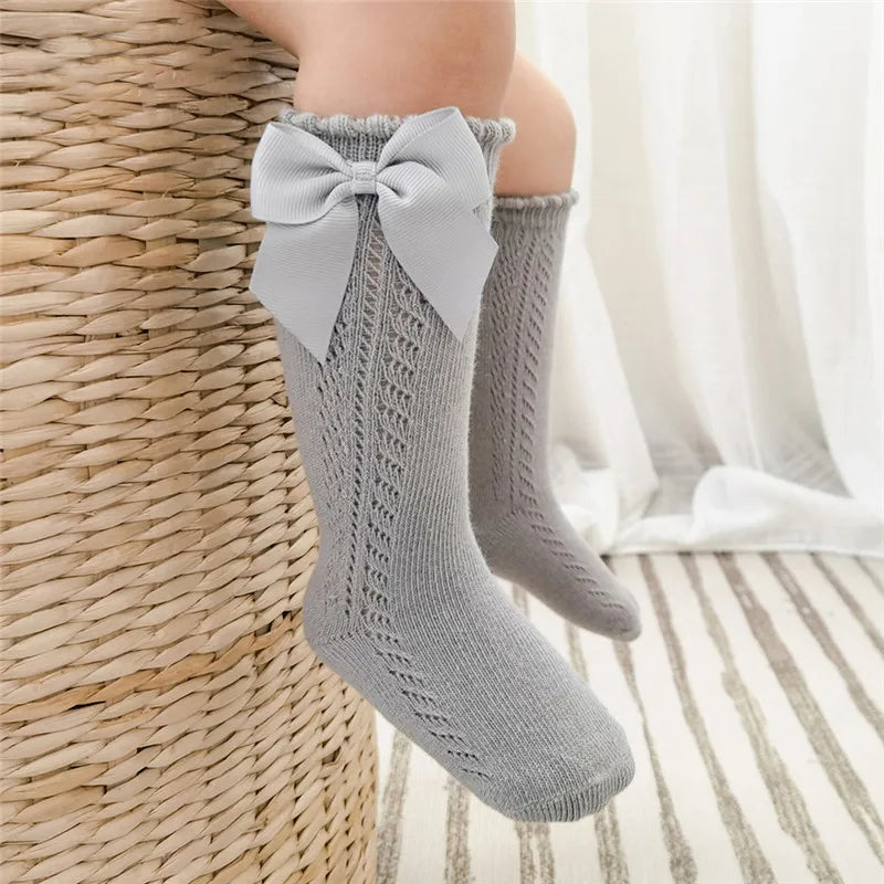 Summer Kids Knee High Socks Baby Girls Boys Bow Long Sock Soft Cotton Mesh Breathable Children Hollow Out Socken For 0-7 Years