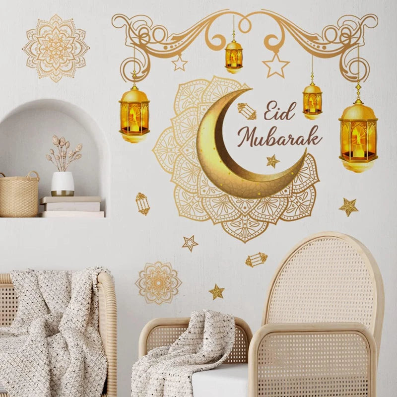 Eid Mubarak Wall Stickers Moon Star Lantern Ramadan Kareem Wall Decals Muslim Islamic Window Sticker Decorations for Home 2024