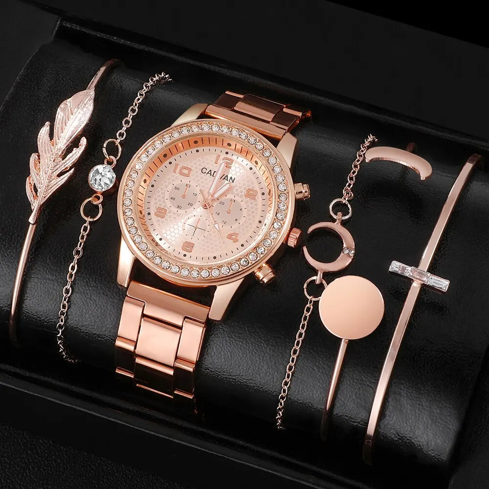 Women 6PCS Set Rose Gold Luxury Quartz Watch Rhinestone Fashion Wristwatch Casual Ladies Watches Bracelet Set Clock Montre Femme