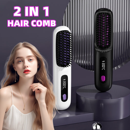 2 In 1 Straight Hair Fast Heating Portable Hot Curler Comb Wireless Hair Straightener Brush USB Charging