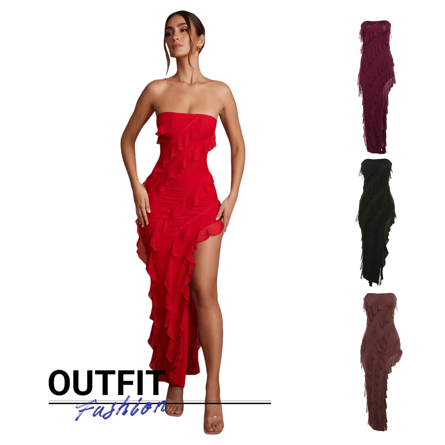 Summer Trendy Skinny Women's Fashion Tube Top Backless Split Tassel Dress Birthday Party Club Wear