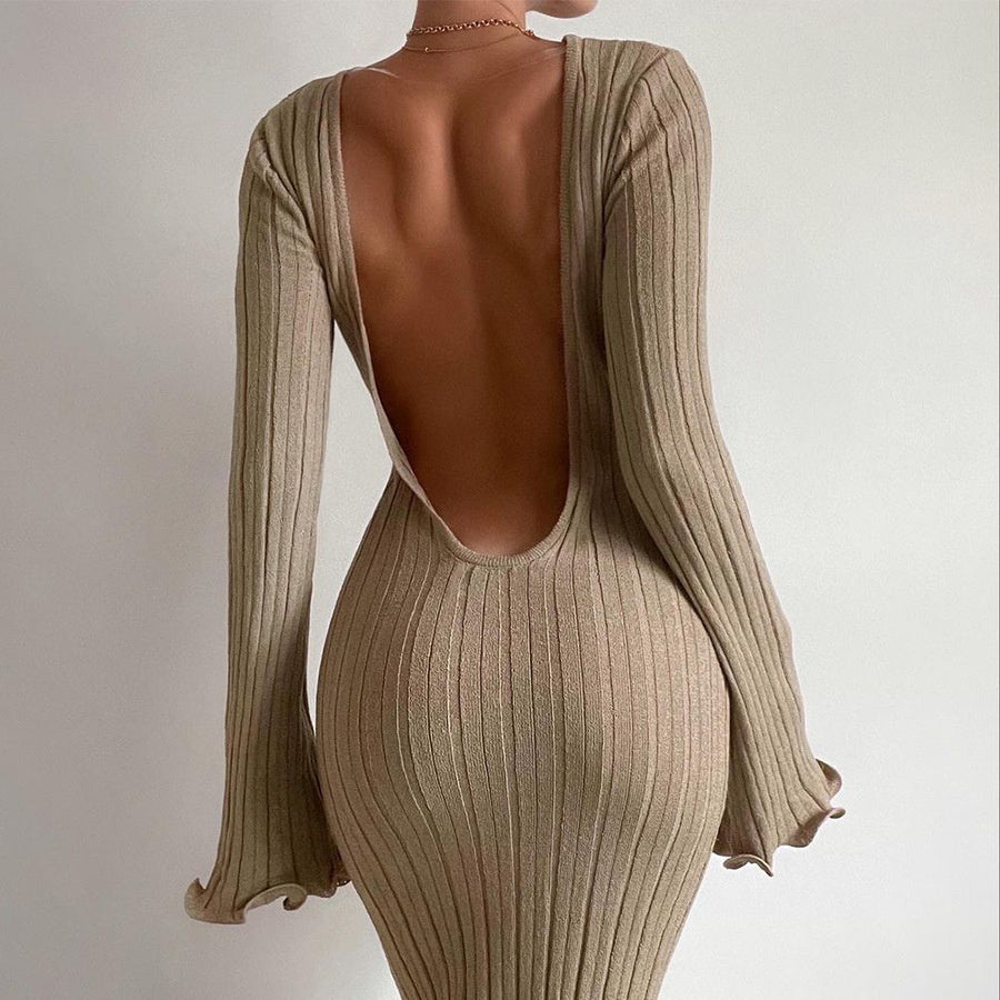 Fashion Slim Long-sleeved Ruffled Long Backless Sexy Dress