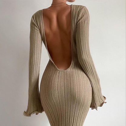 Slim Long Sleeved Ruffled Backless Sexy Dress