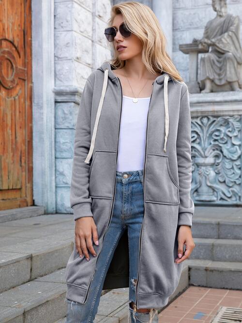 Double Take Full Size Zip-Up Longline Hoodie with Pockets - AFFORDABLE MARKET