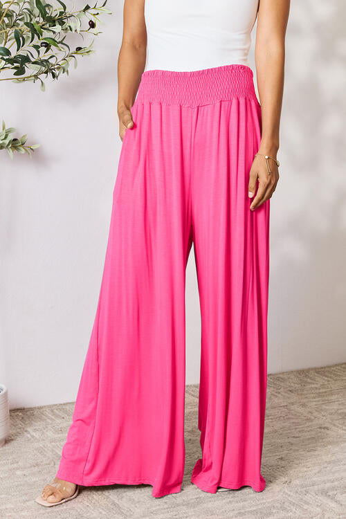 Double Take Full Size Smocked Wide Waistband Wide Leg Pants - AFFORDABLE MARKET