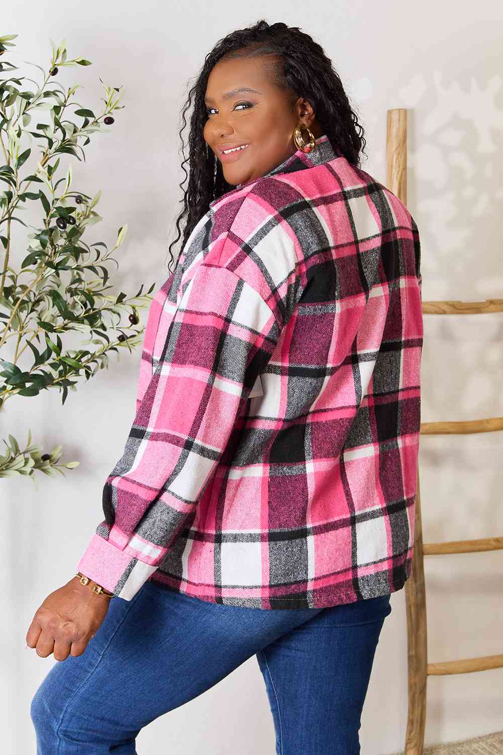 Double Take Plaid Button Up Collared Neck Jacket - AFFORDABLE MARKET