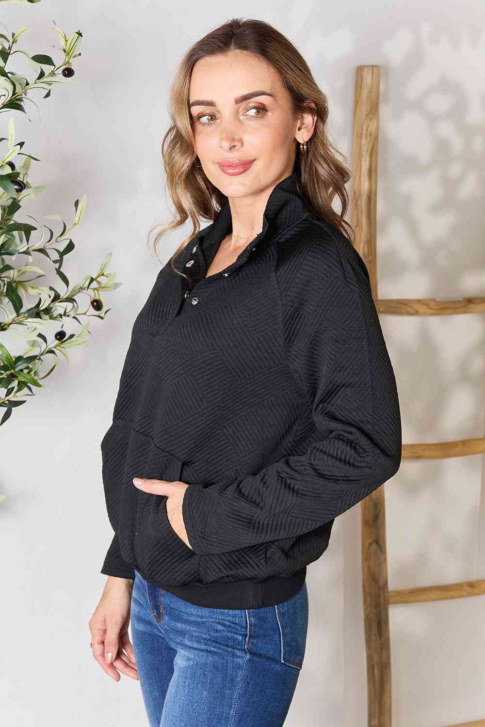 Double Take Half Buttoned Collared Neck Sweatshirt with Pocket - AFFORDABLE MARKET