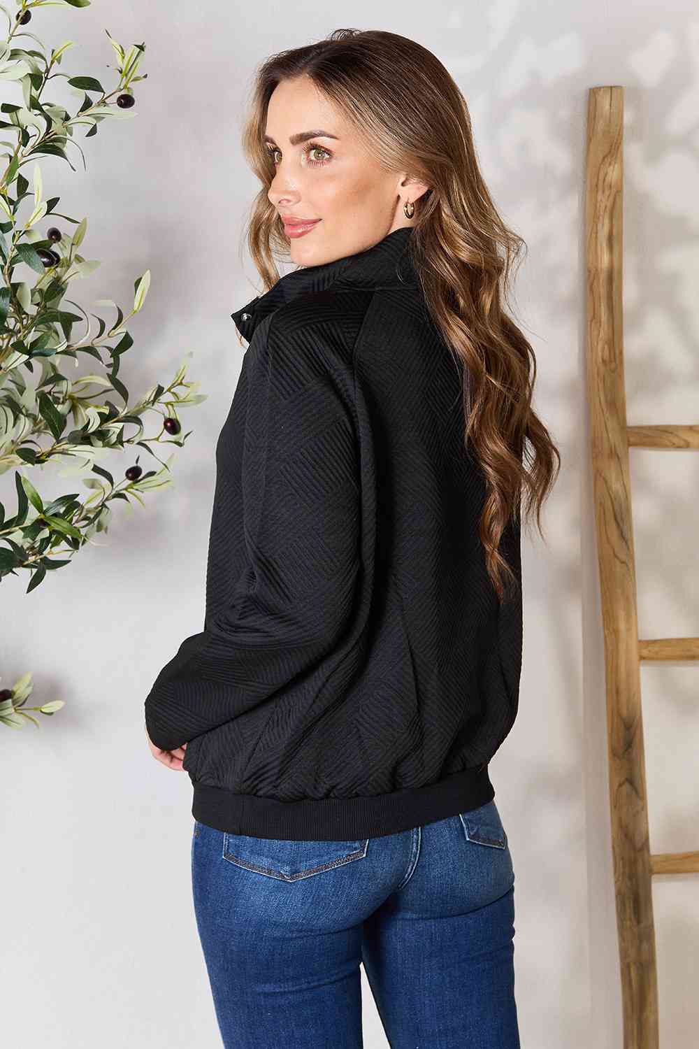 Double Take Half Buttoned Collared Neck Sweatshirt with Pocket - AFFORDABLE MARKET