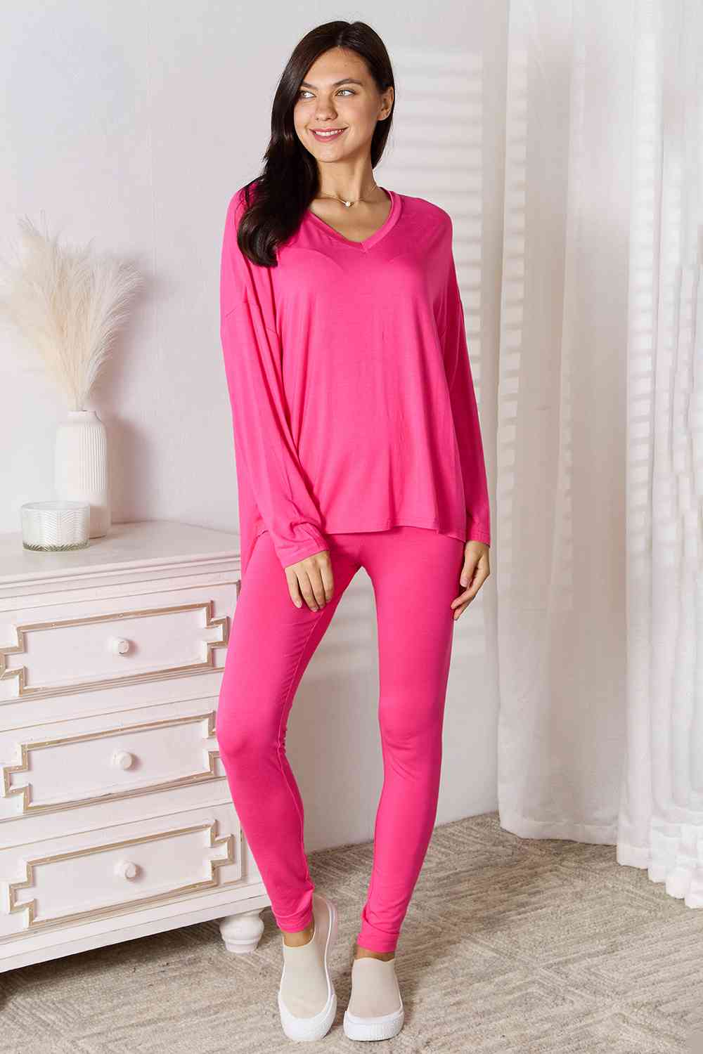 Basic Bae Full Size V-Neck Soft Rayon Long Sleeve Top and Pants Lounge Set - AFFORDABLE MARKET