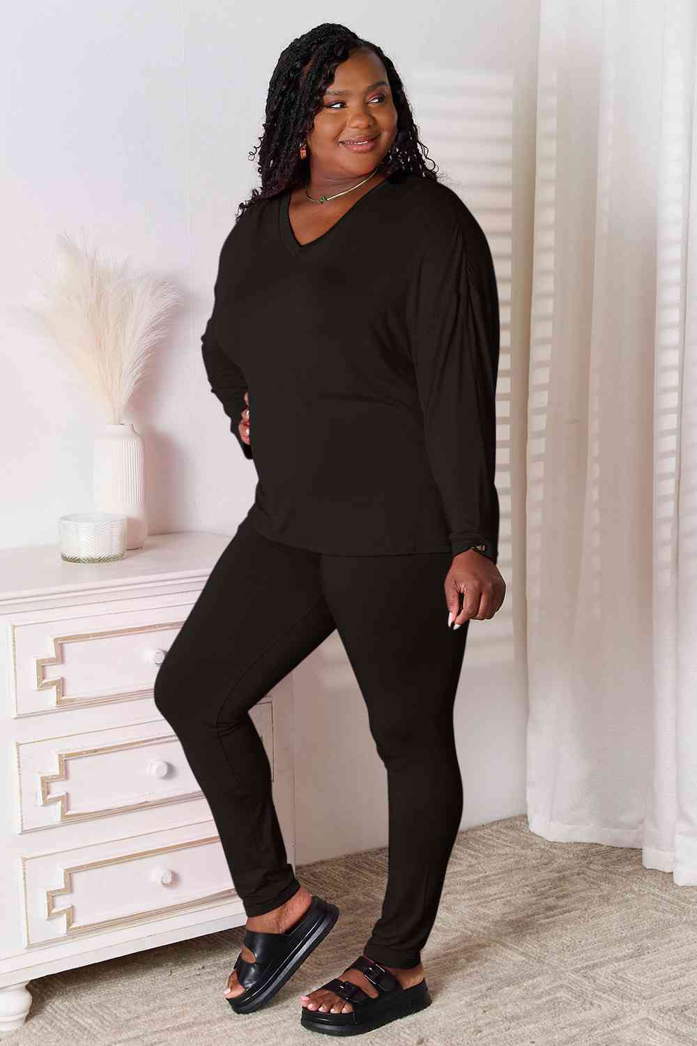 Basic Bae Full Size V-Neck Soft Rayon Long Sleeve Top and Pants Lounge Set - AFFORDABLE MARKET