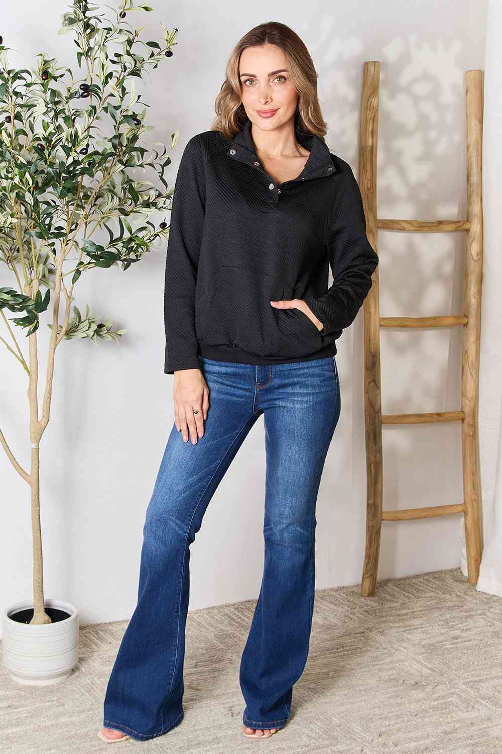 Double Take Half Buttoned Collared Neck Sweatshirt with Pocket - AFFORDABLE MARKET