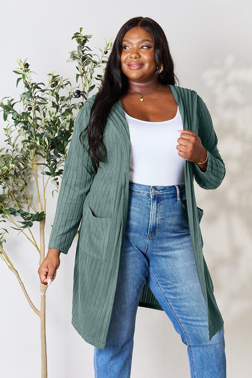 Basic Bae Full Size Ribbed Open Front Long Sleeve Cardigan - AFFORDABLE MARKET