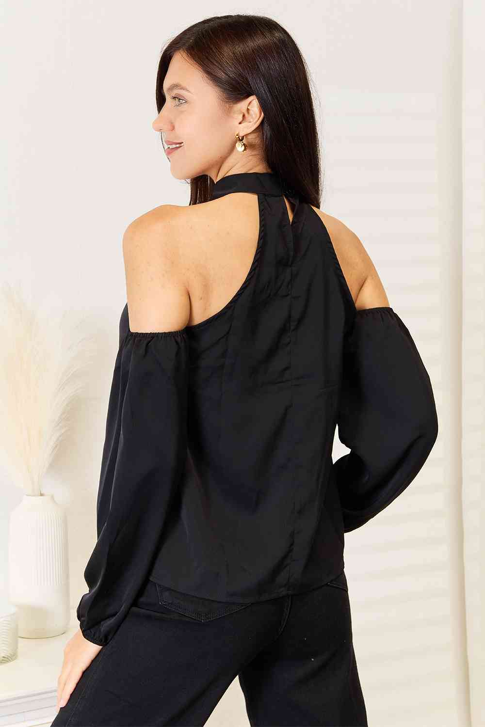 Double Take Grecian Cold Shoulder Long Sleeve Blouse - AFFORDABLE MARKET