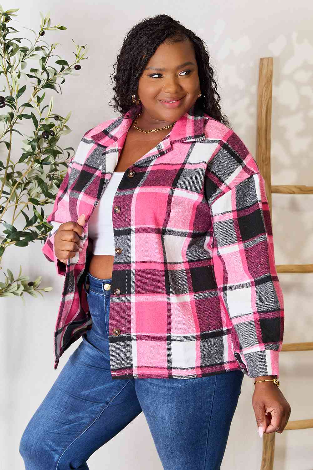 Double Take Plaid Button Up Collared Neck Jacket - AFFORDABLE MARKET