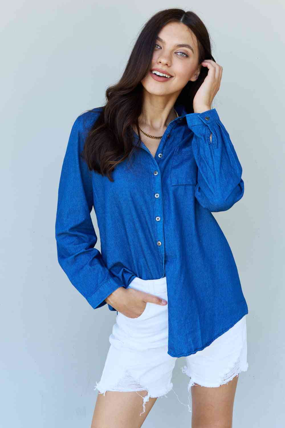 Doublju Blue Jean Baby Denim Button Down Shirt Top in Dark Blue - AFFORDABLE MARKET