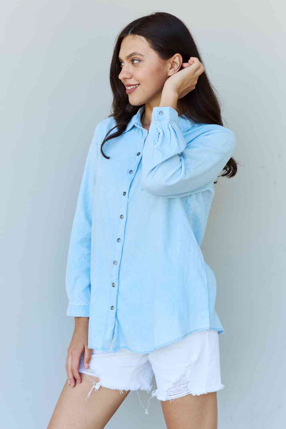 Doublju Blue Jean Baby Denim Button Down Shirt Top in Light Blue - AFFORDABLE MARKET