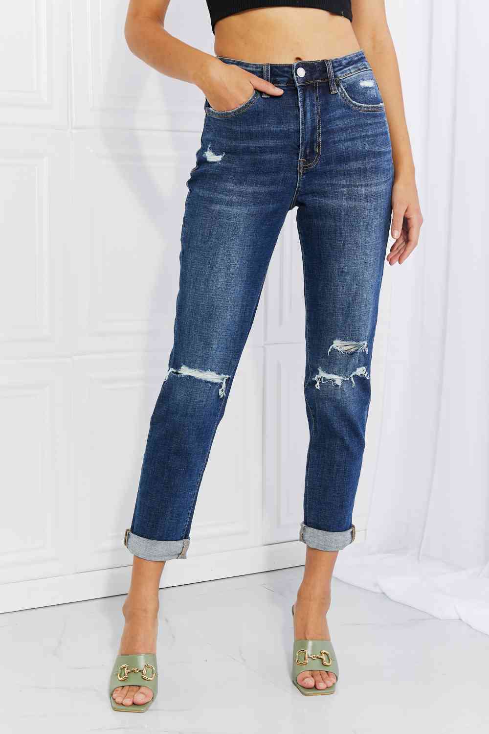 Vervet by Flying Monkey Full Size Distressed Cropped Jeans with Pockets - AFFORDABLE MARKET