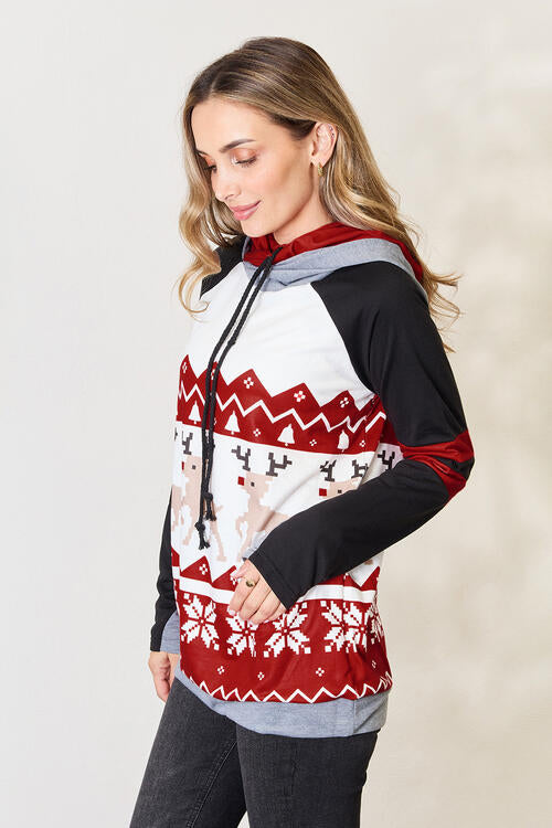 Double Take Full Size Christmas Drawstring Long Sleeve Hoodie - AFFORDABLE MARKET