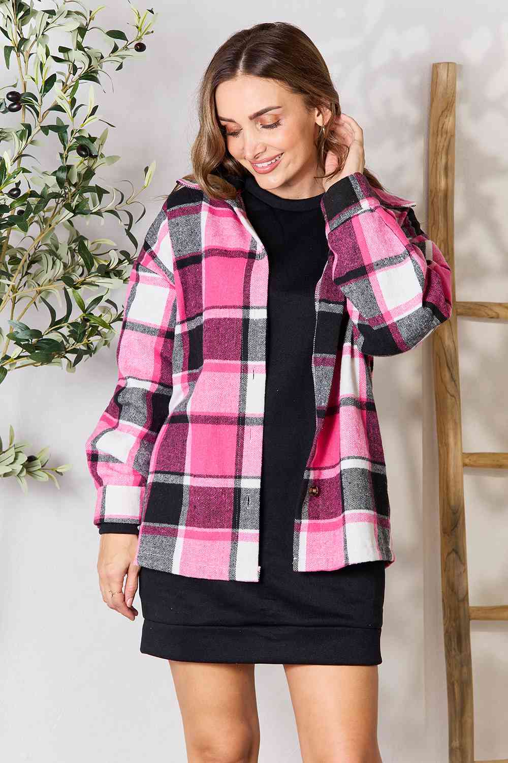 Double Take Plaid Button Up Collared Neck Jacket - AFFORDABLE MARKET