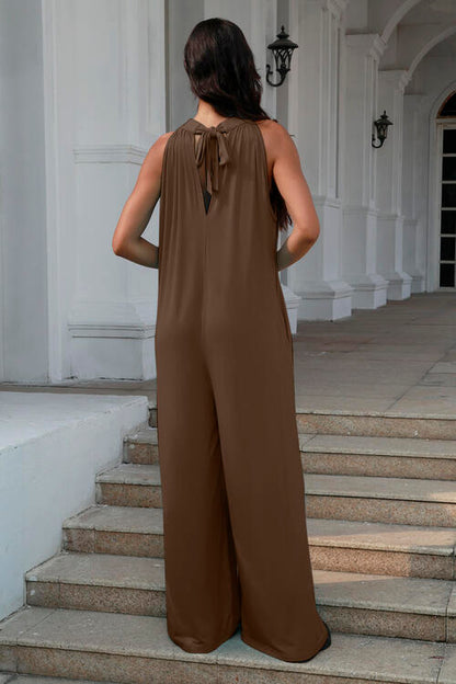 Double Take Full Size Tie Back Cutout Sleeveless Jumpsuit - AFFORDABLE MARKET