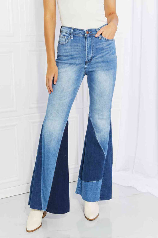 Vibrant Sienna Full Size Color Block Flare Jeans - AFFORDABLE MARKET