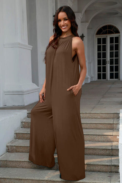 Double Take Full Size Tie Back Cutout Sleeveless Jumpsuit - AFFORDABLE MARKET