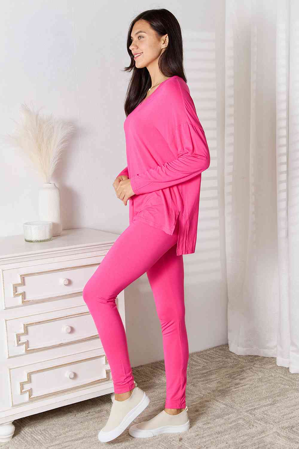 Basic Bae Full Size V-Neck Soft Rayon Long Sleeve Top and Pants Lounge Set - AFFORDABLE MARKET