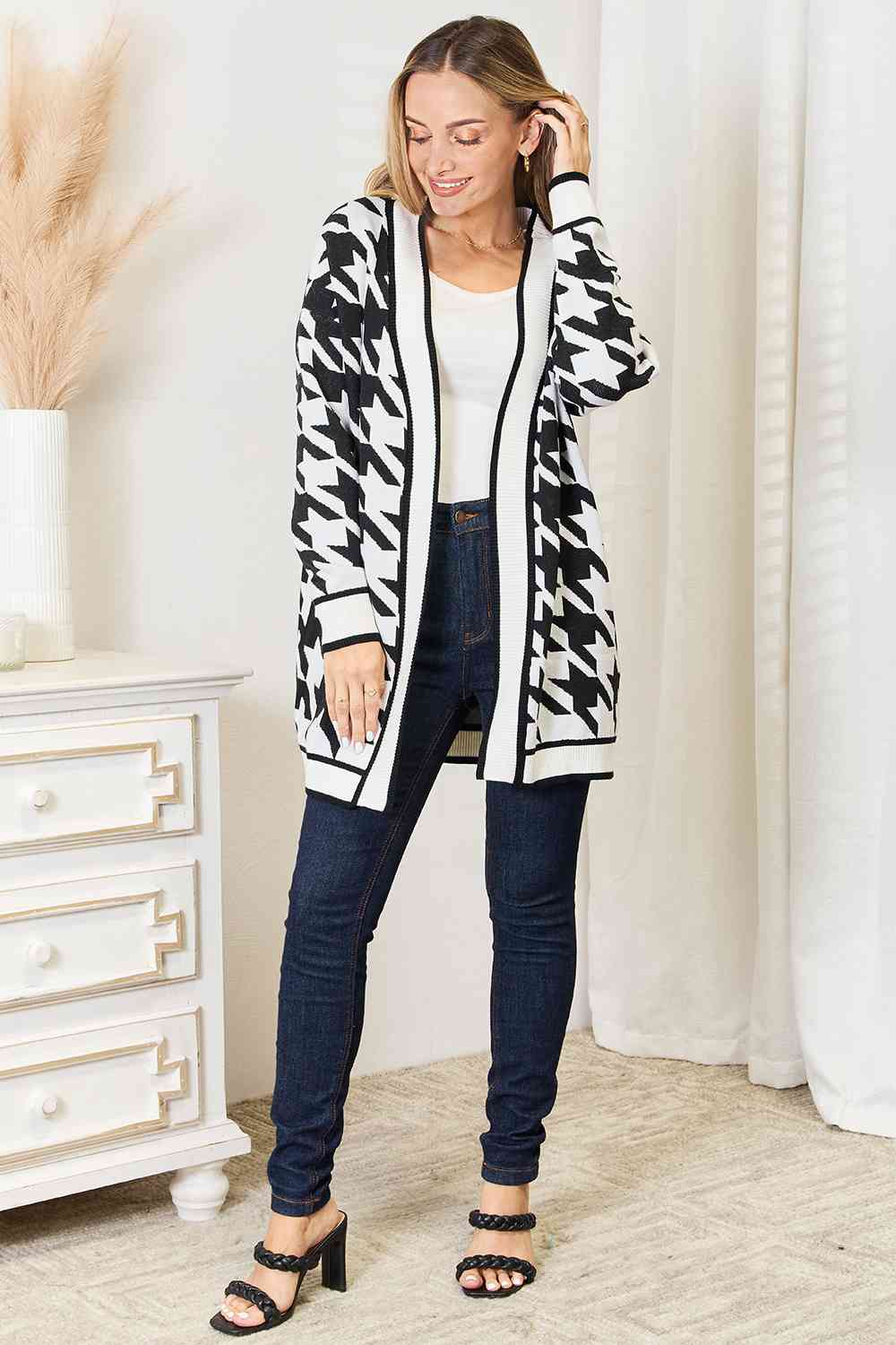 Woven Right Houndstooth Open Front Longline Cardigan - AFFORDABLE MARKET