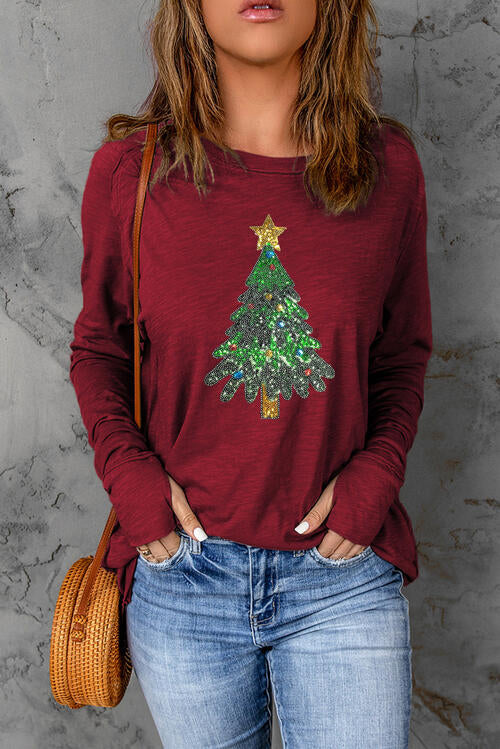 Sequin Christmas Tree Long Sleeve T-Shirt - AFFORDABLE MARKET