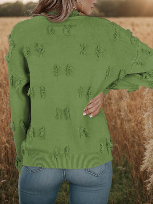 Fringe Detail Long Sleeve Mock Neck Sweater - AFFORDABLE MARKET