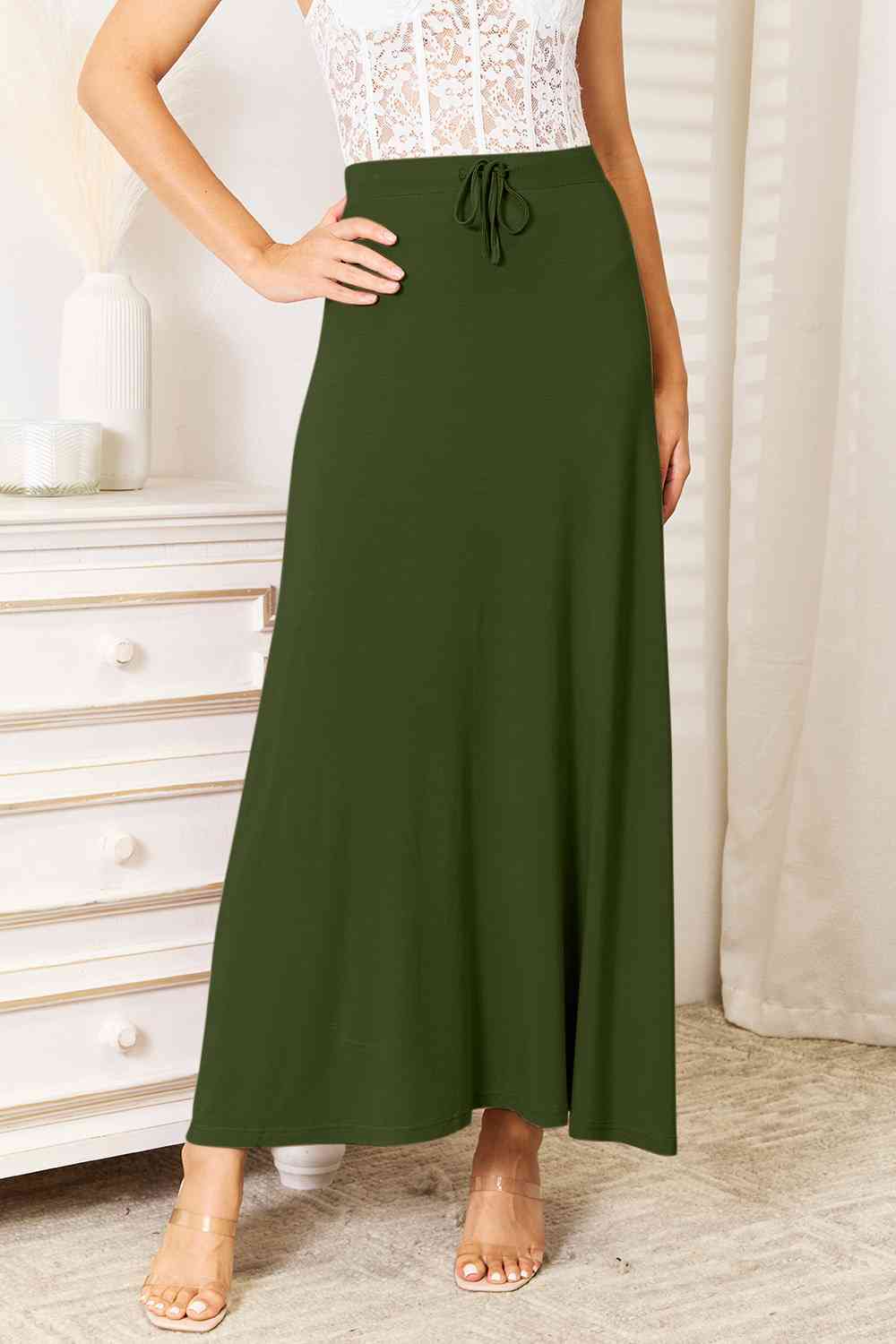 Double Take Full Size Soft Rayon Drawstring Waist Maxi Skirt Rayon - AFFORDABLE MARKET