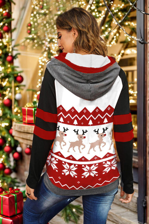 Double Take Full Size Christmas Drawstring Long Sleeve Hoodie - AFFORDABLE MARKET