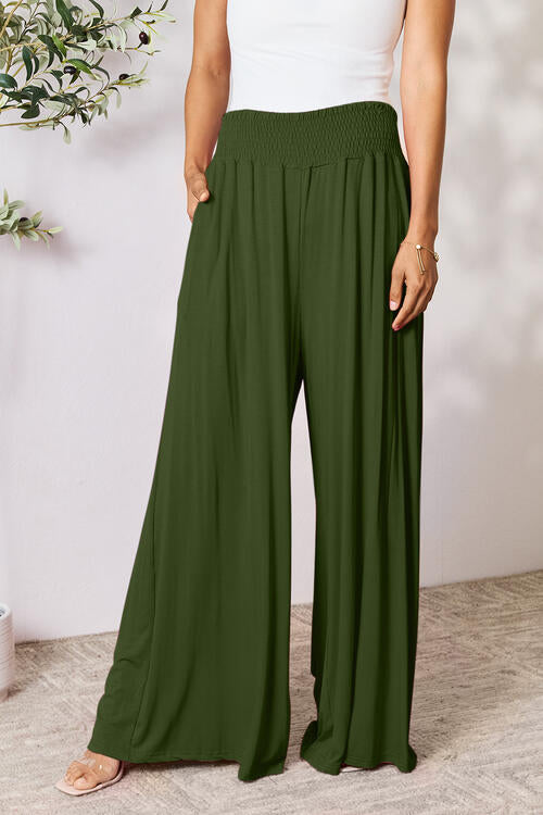 Double Take Full Size Smocked Wide Waistband Wide Leg Pants - AFFORDABLE MARKET