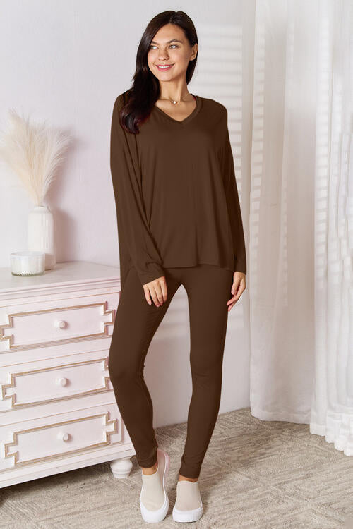 Basic Bae Full Size V-Neck Soft Rayon Long Sleeve Top and Pants Lounge Set - AFFORDABLE MARKET