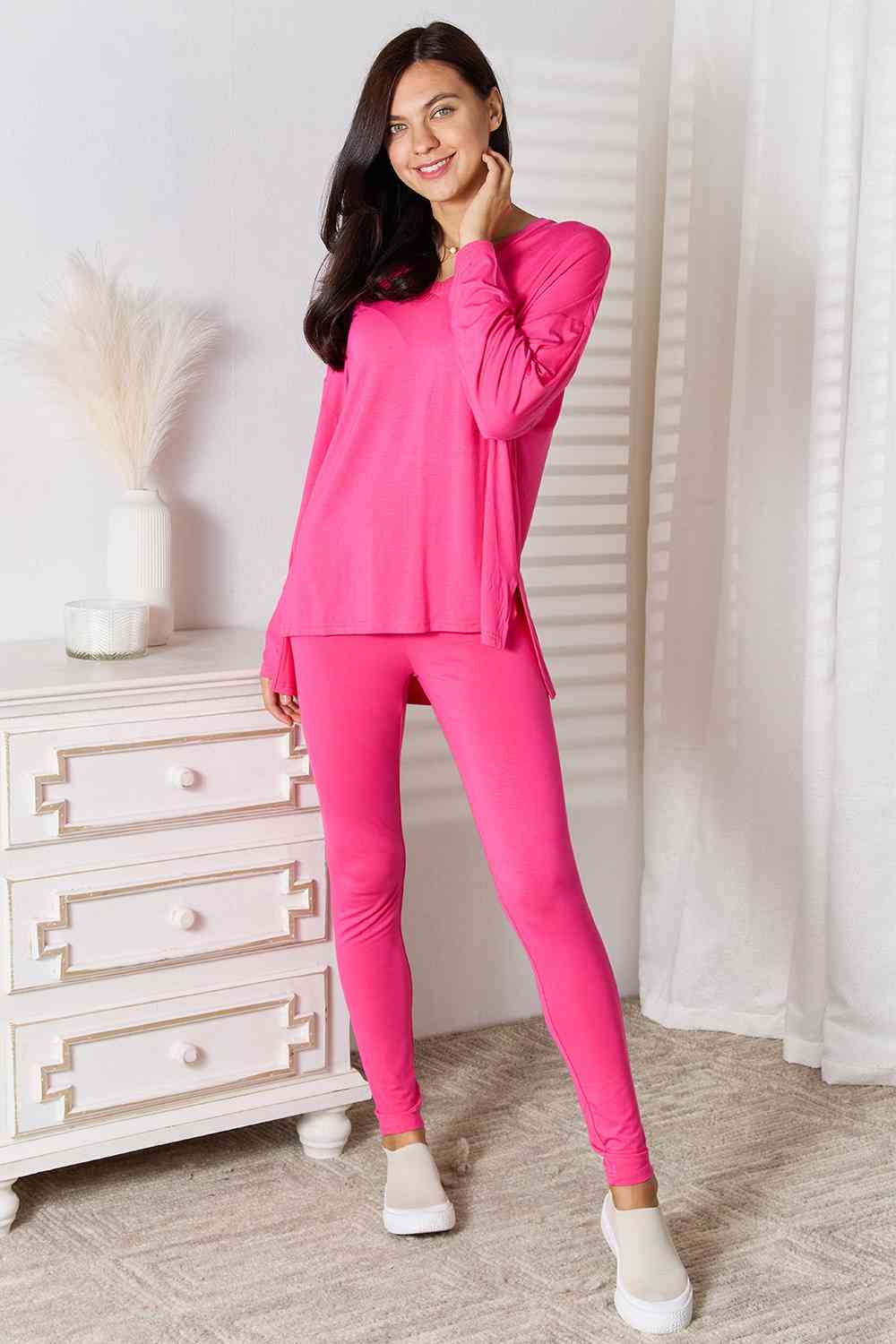 Basic Bae Full Size V-Neck Soft Rayon Long Sleeve Top and Pants Lounge Set - AFFORDABLE MARKET