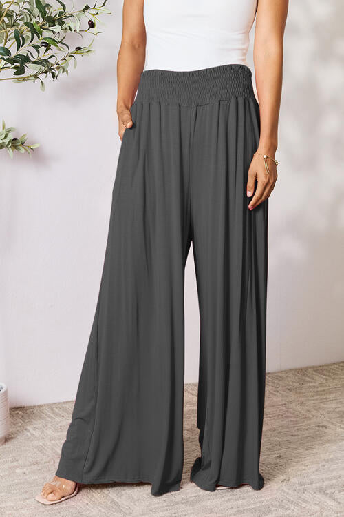 Double Take Full Size Smocked Wide Waistband Wide Leg Pants - AFFORDABLE MARKET