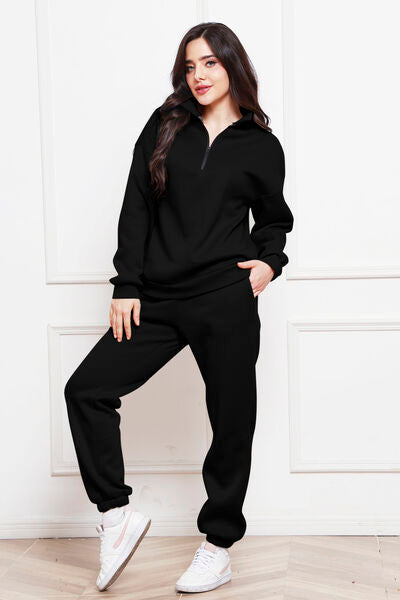 Half Zip Long Sleeve Sweatshirt and Pants Set - AFFORDABLE MARKET