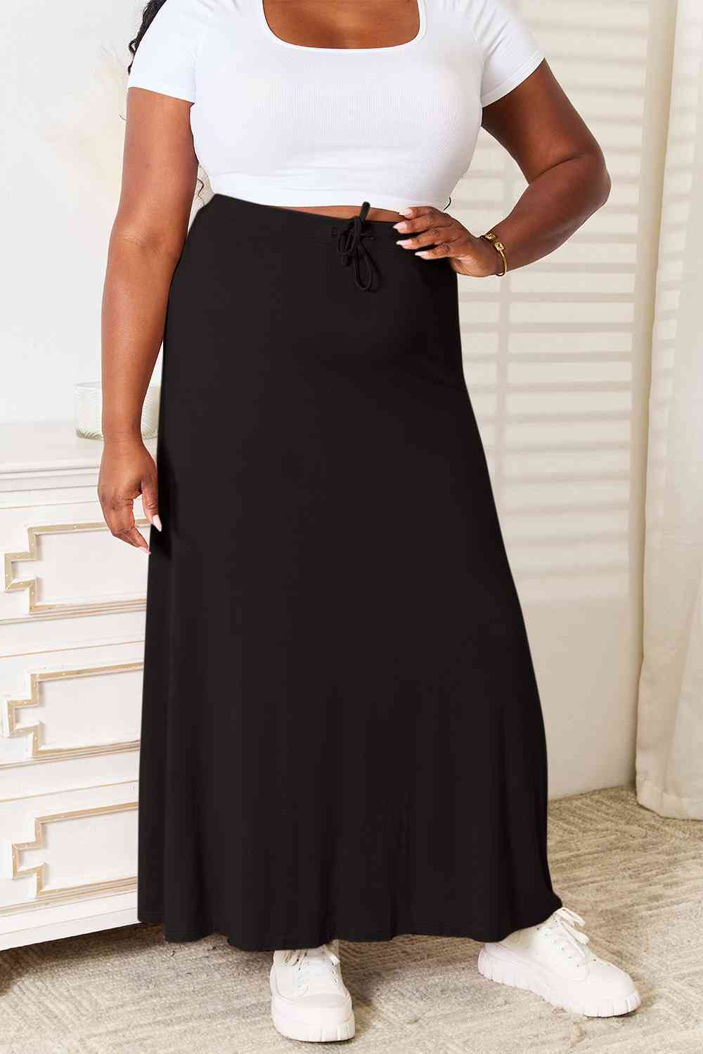 Double Take Full Size Soft Rayon Drawstring Waist Maxi Skirt Rayon - AFFORDABLE MARKET