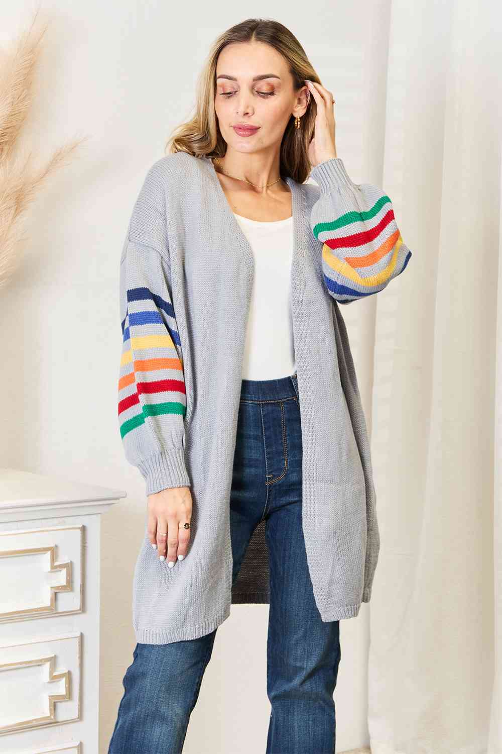 Double Take Multicolored Stripe Open Front Longline Cardigan - AFFORDABLE MARKET