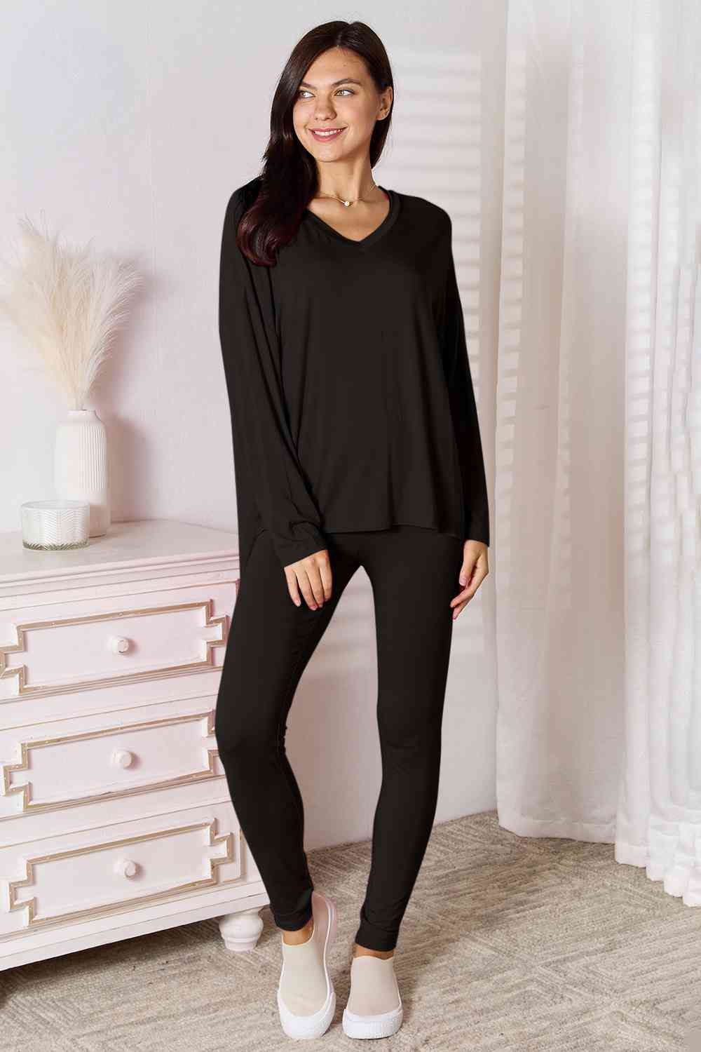 Basic Bae Full Size V-Neck Soft Rayon Long Sleeve Top and Pants Lounge Set - AFFORDABLE MARKET