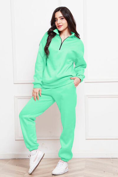 Half Zip Long Sleeve Sweatshirt and Pants Set - AFFORDABLE MARKET