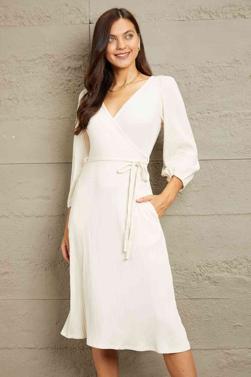 Culture Code Full Size Surplice Flare Ruching Dress - AFFORDABLE MARKET