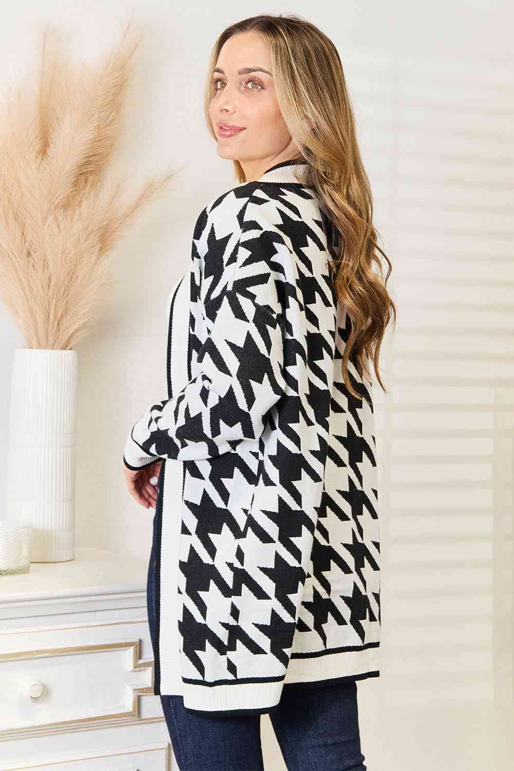 Woven Right Houndstooth Open Front Longline Cardigan - AFFORDABLE MARKET