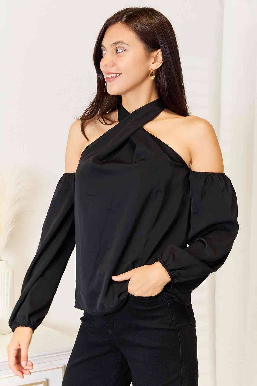 Double Take Grecian Cold Shoulder Long Sleeve Blouse - AFFORDABLE MARKET