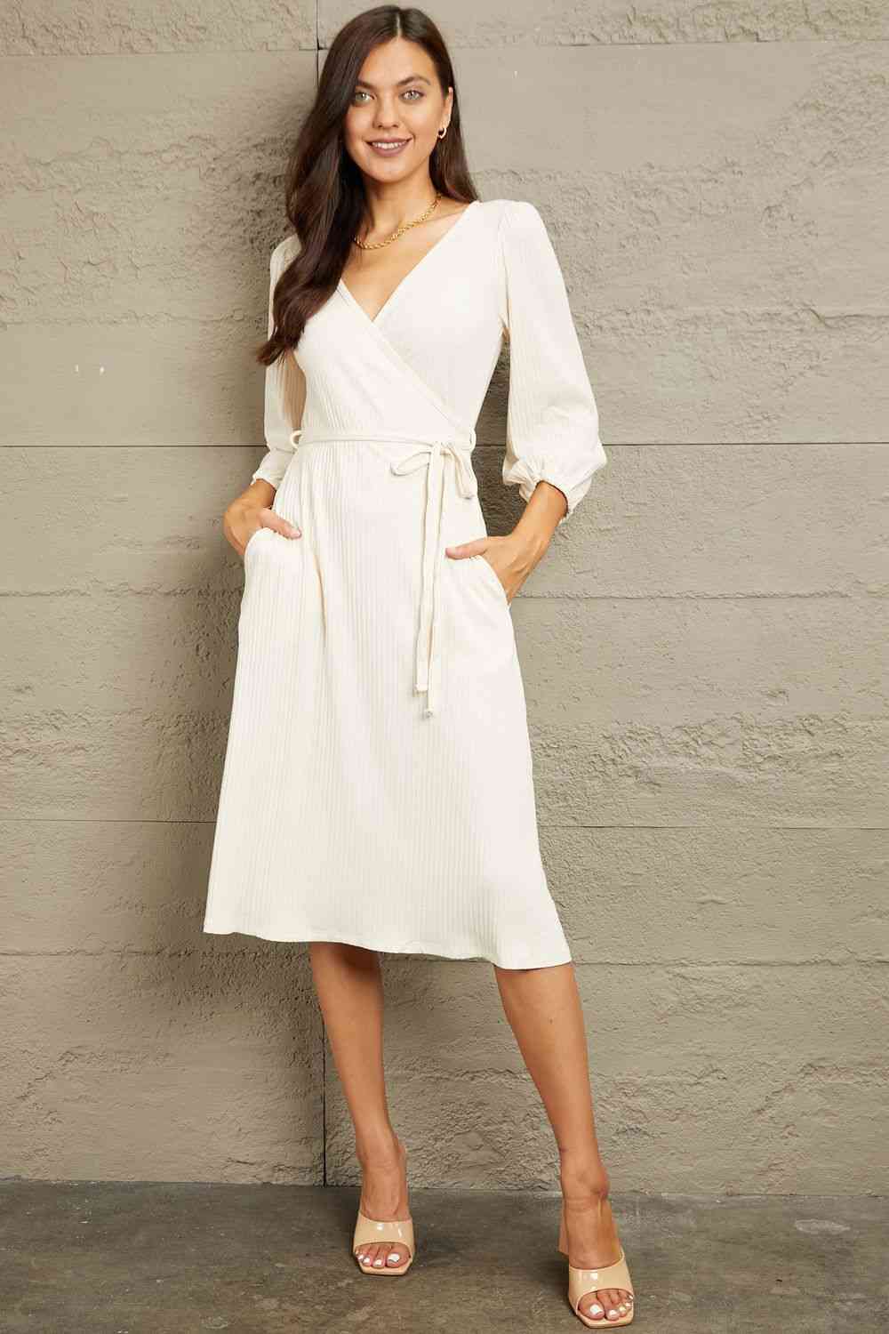 Culture Code Full Size Surplice Flare Ruching Dress - AFFORDABLE MARKET