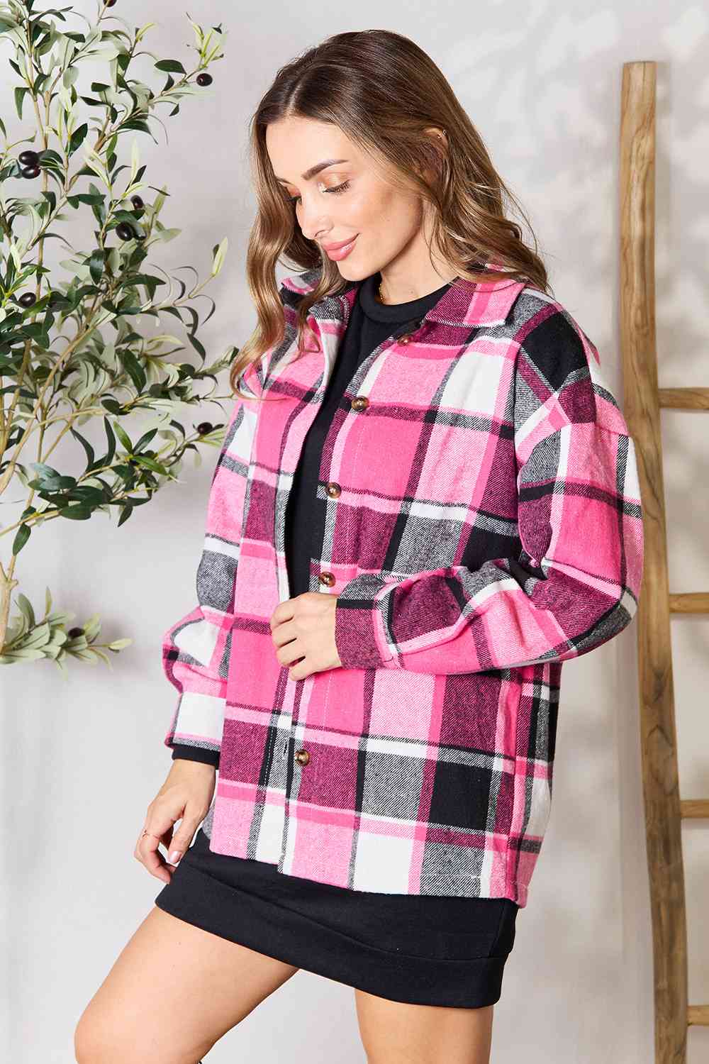 Double Take Plaid Button Up Collared Neck Jacket - AFFORDABLE MARKET